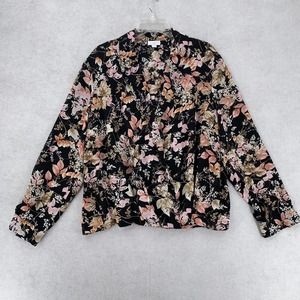 J Jill Black Pink Floral Long Sleeve Faux‎ Wrap Blouse Cinched Waist Womens XL